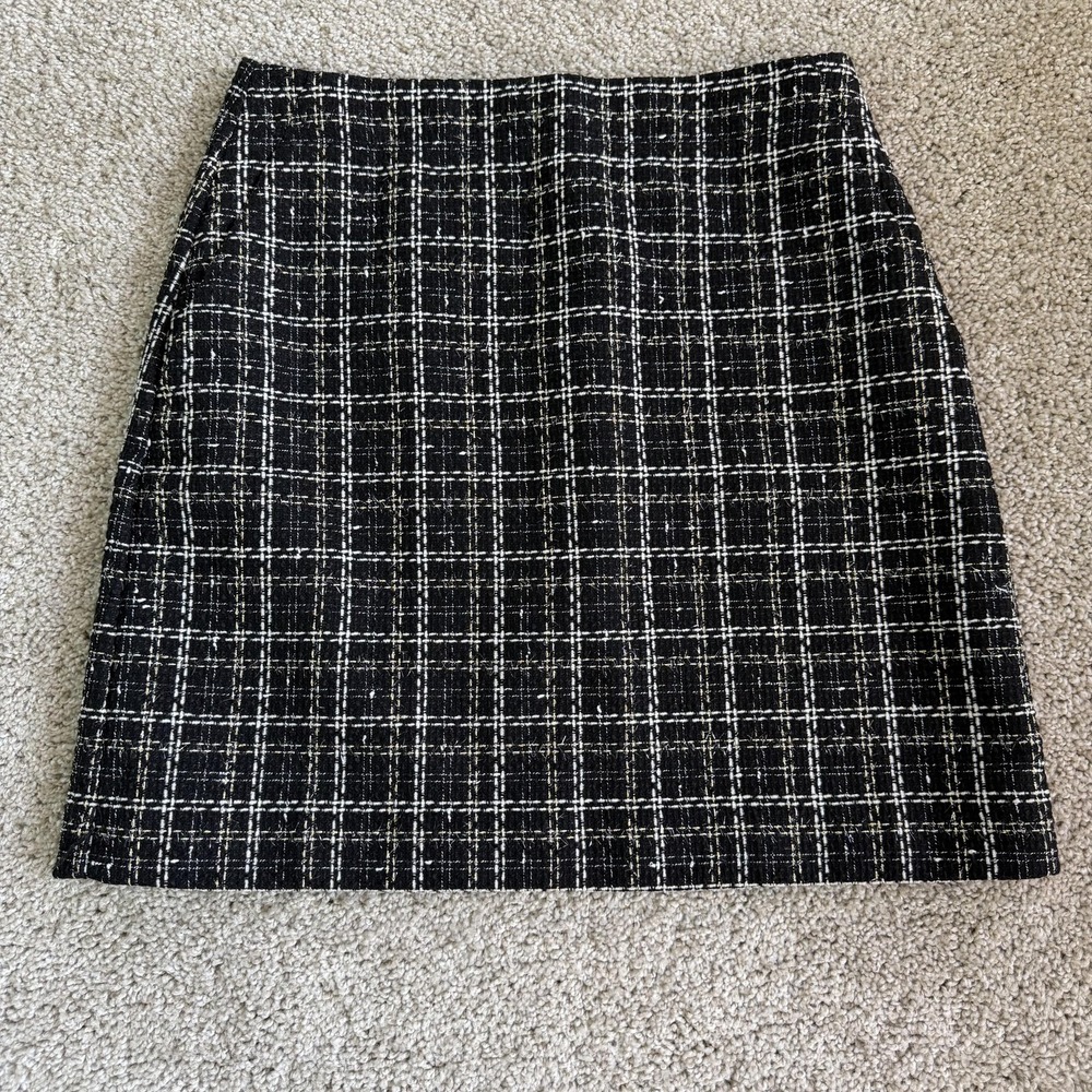 LOFT Skirt Womens 2 Black Plaid Tweed Pencil Short Lined Work Office Career